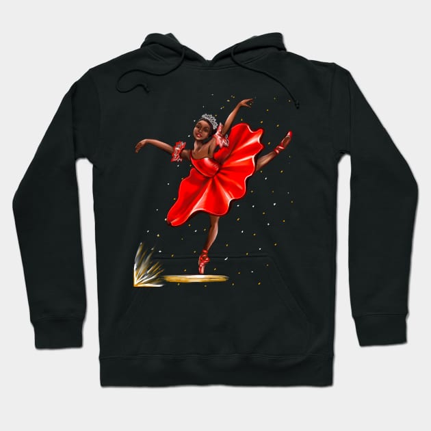 Ballet, African American ballerina in red pointe shoes, dress and crown - ballerina doing pirouette in red tutu and red shoes  - brown skin ballerina Hoodie by Artonmytee